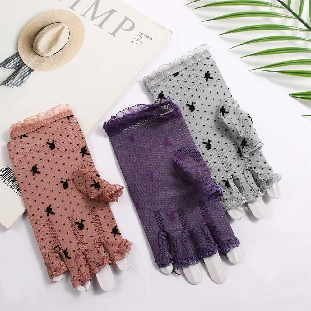 

Dots Lady s Sun Protection Hollow Lace Gloves Rabbit Head Pattern Fingerless Mittens Driving Gloves сірий