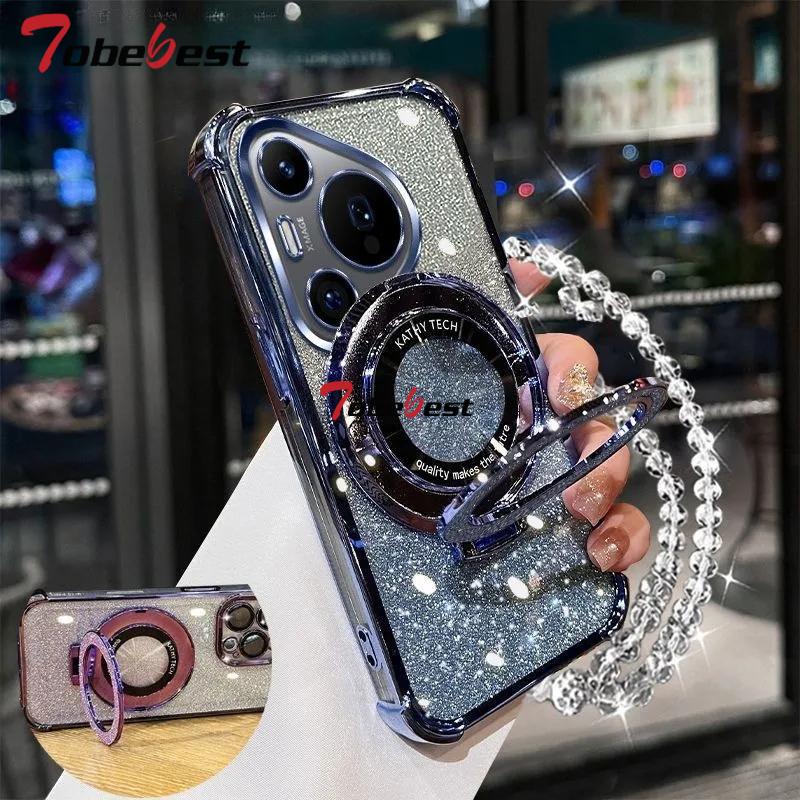 Shockproof Glitter Plating Crystal Bracelet Magsafe Phone Holder Case For Huawei Pura 70 Ultra P60 P50 P40 P30 Lite Pro Cover