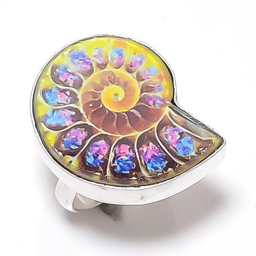 Natural Ammonite Fossil Gemstone 925 Sterling Silver Jewelry Ring Size 8.5 Q4s29