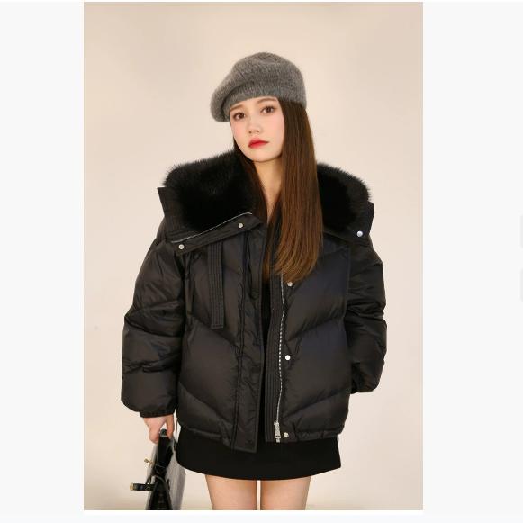 Großer Pelzkragen, Kleine Daunenjacke, Damen Winter Kordelzug Kurze Steppjacke