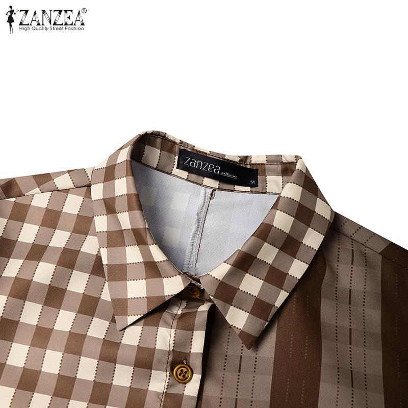 ZANZEA Rochie casual largă cu mâneci 3/4 și guler turn-down cu imprimeu carouri pentru femei