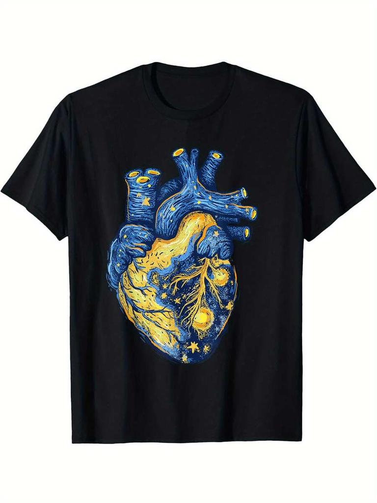 Van Gogh Shirt Starry Night Heart Painting Anatomical Heart TShirt Selected Pure Cotton Interesting