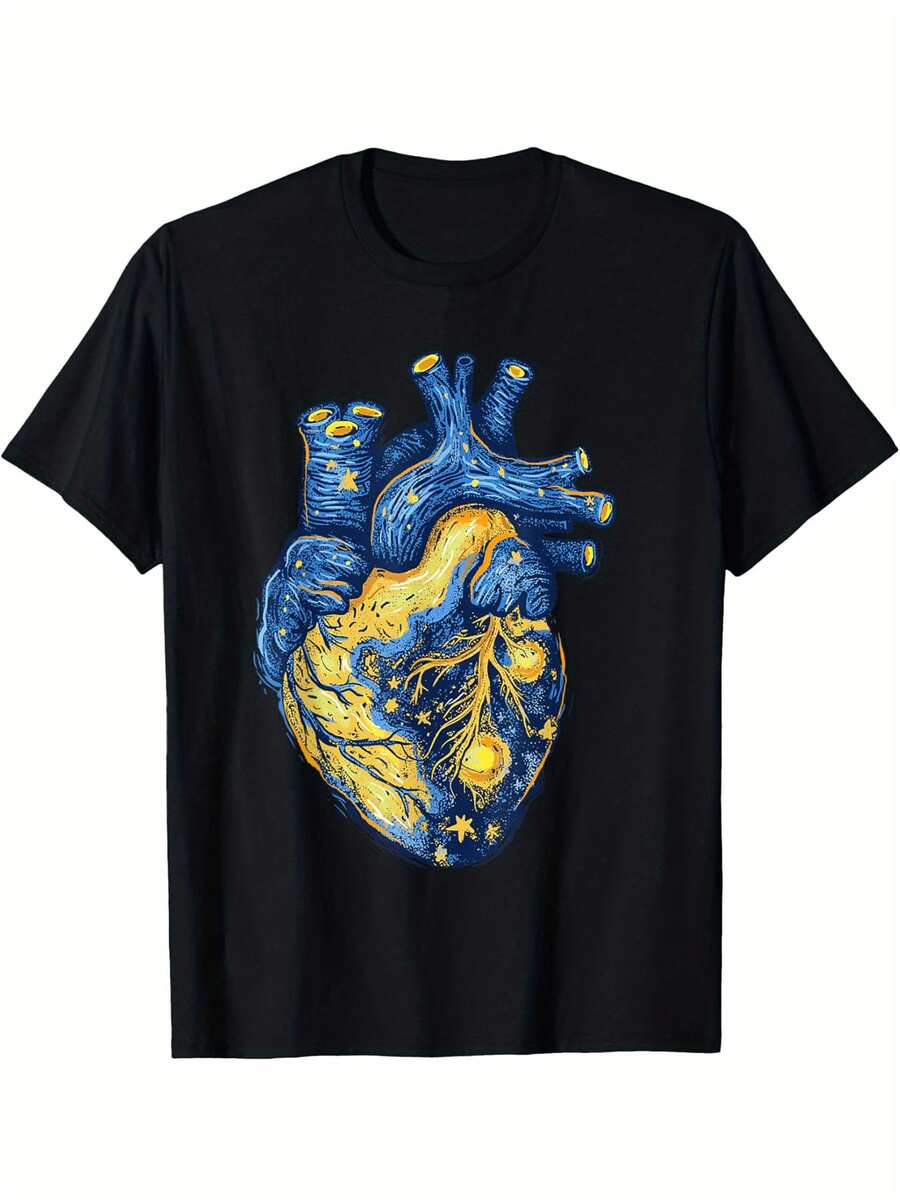 Van Gogh Shirt Starry Night Heart Painting Anatomical Heart TShirt Selected Pure Cotton Interesting S
