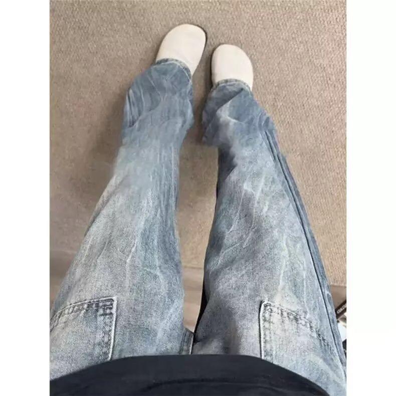 Lightning bamboo pattern jeans men's summer new straight loose American retro high street vibe micro-pull trousers