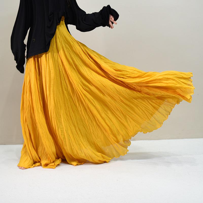 Pleated Cotton Linen Textured Midi Skirt, Women's Spring/Summer 20256 Collection, Large Hem, Floor-Length, Simple Design.