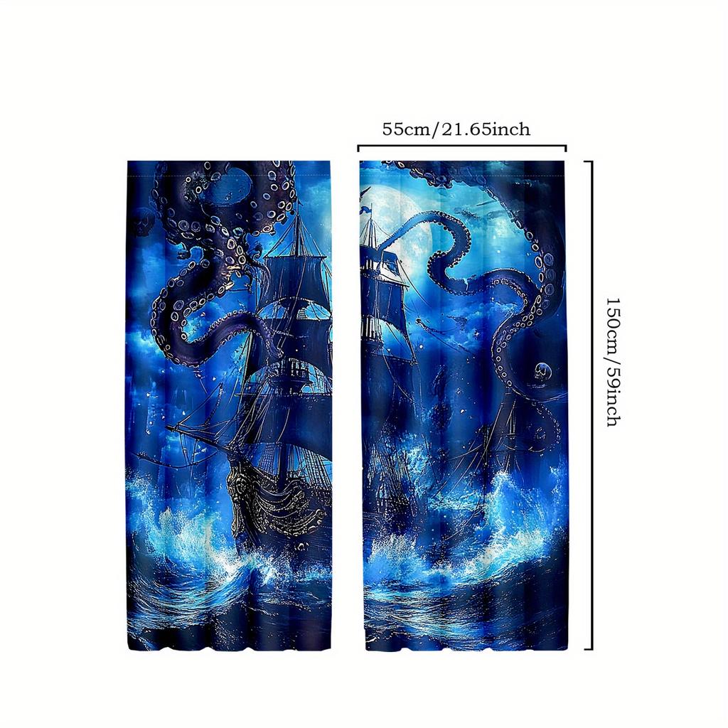 2pcs Pirate Ship Window Curtains   Fantasy Sea Monster & Skeleton Ship Decor & Room