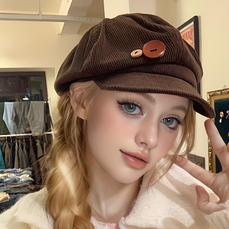 Vintage Octagonal Hat Japanese Style Brown Beret with Button Flannel Face Painting Cap