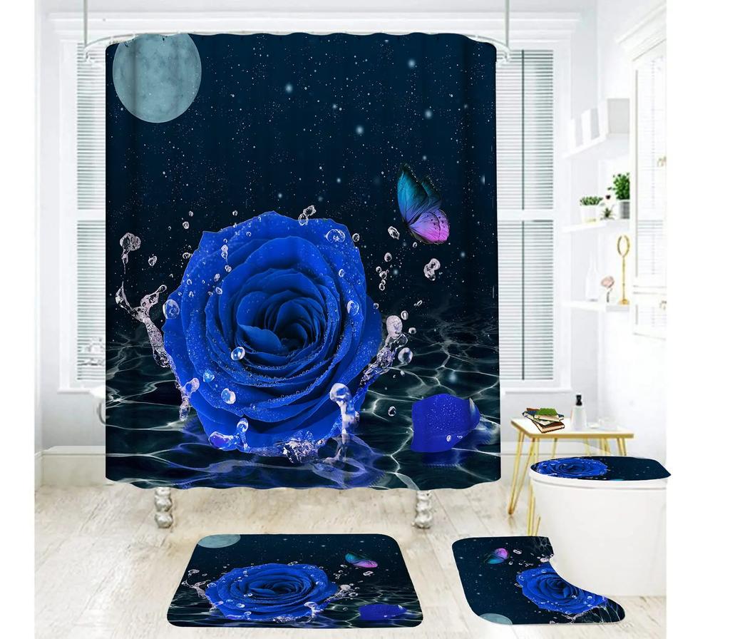 Blue Rose Flowers Waterproof Bathroom Shower Curtain Set Polyester Toilet Seat Cover Bath Nonslip Mat Rug Carpet Home Decor