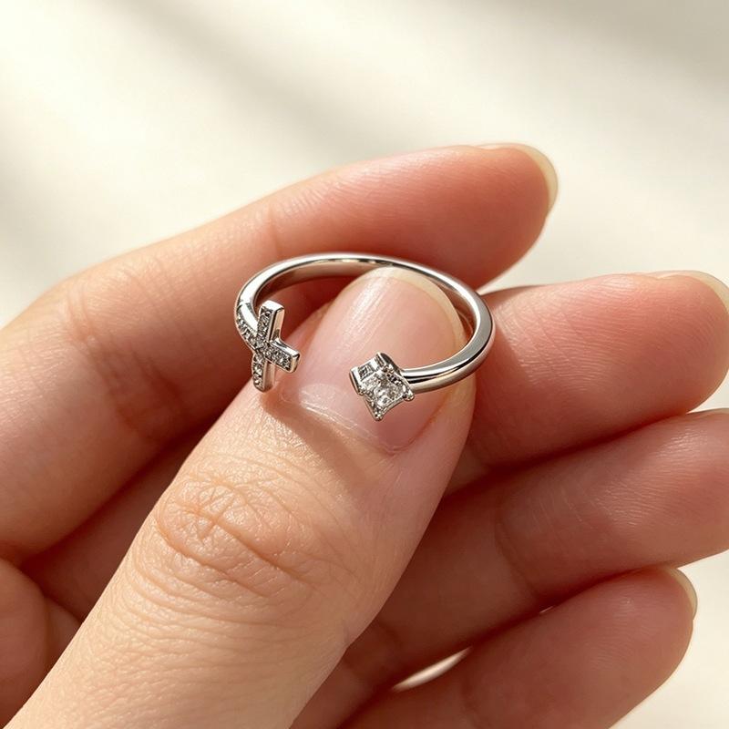 New Micro-diamond Cross Fashion 925 Sterling Silver Jewelry Opening Rings 02903