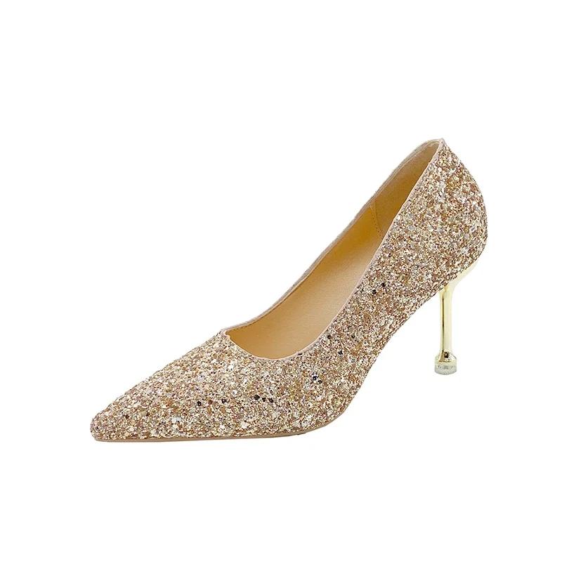 Fashion Elegant Woman Heeled Shoes Classics Bling Pointed Toe Women's Pumps Slip on Thin Heels Versatile Party Dress Wedding High Heels