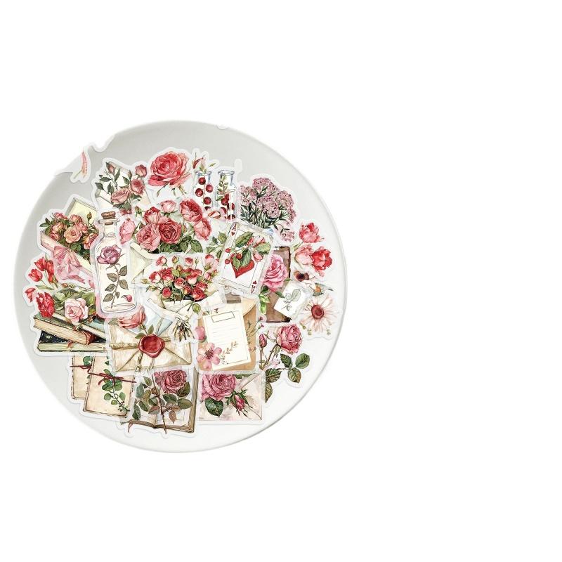 50 Literary Handbook Materials Flowers and Letters Sticker Pack Creative DIY Greeting Cards Water Cup Available for Wholesale