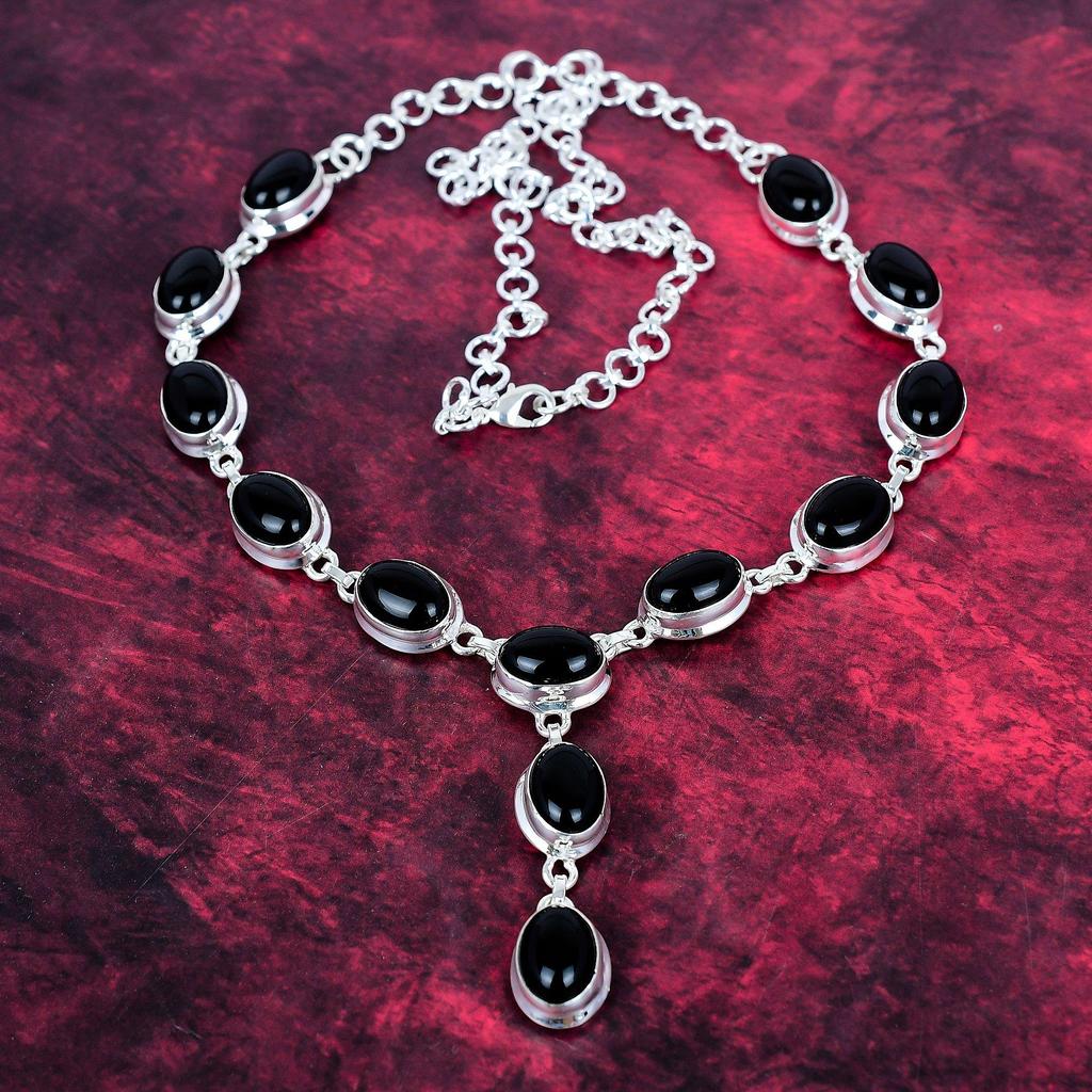 Black Onyx Handmade Gemstone Necklace, 925 Solid Sterling Silver Necklace Antique Jewelry, For Engagement Gift
