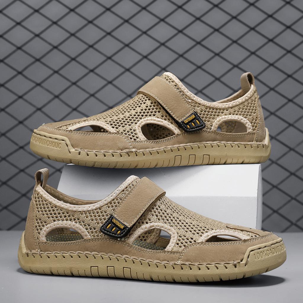 Men Mesh Sandals with Flat Soles and Handmade Stitching for Breathability Trendy Casual Anti Slip Large Beach Size Men Sandals