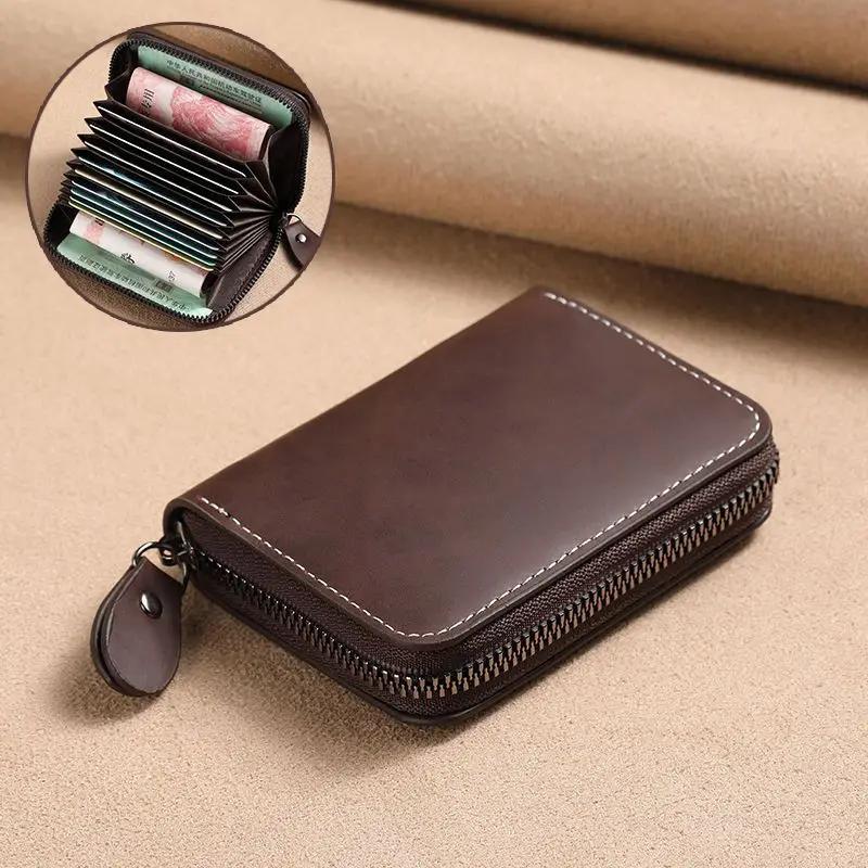 

Multi Slot Card Holder Vintage Small Wallet Women Men Business Bank Credit Card Bag Male Coin Pouch Solid Leather Zipper Wallet