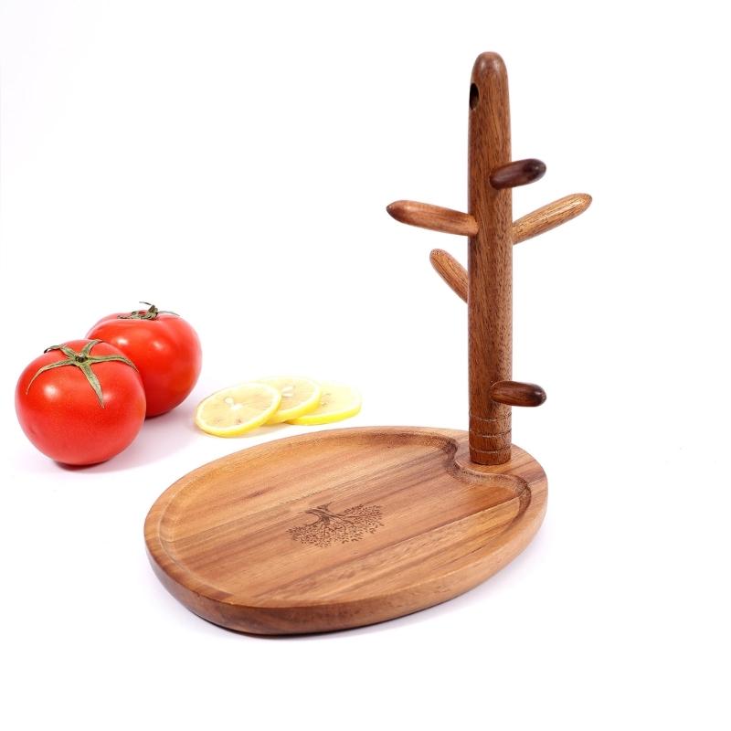 Entryway Key Holder Stand with a Warm Brown Wood Look, 5 Separate Arms, and a Catchall Tray for Frequently Used Personal Accessories