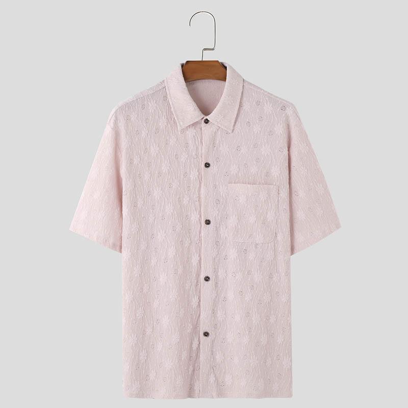 INCERUN Men Floral Short Sleeve See Through Tops Summer Lapel Neck Buttons Texture Shirts
