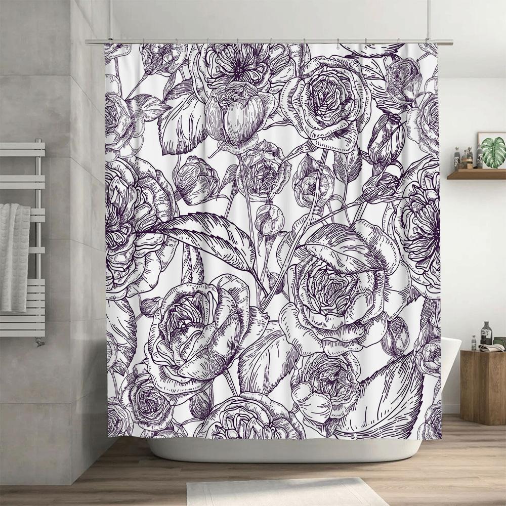 Elegant Dark Floral Print Shower Curtain Waterproof Bathroom Decor 3D Polyester Water Repellent High Quality Size Customizable