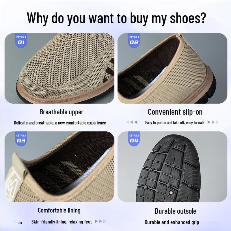 Men's Breathable Flyknit Slip-on Casual Shoes, Plus Size, Odor-Resistant Dad Style.