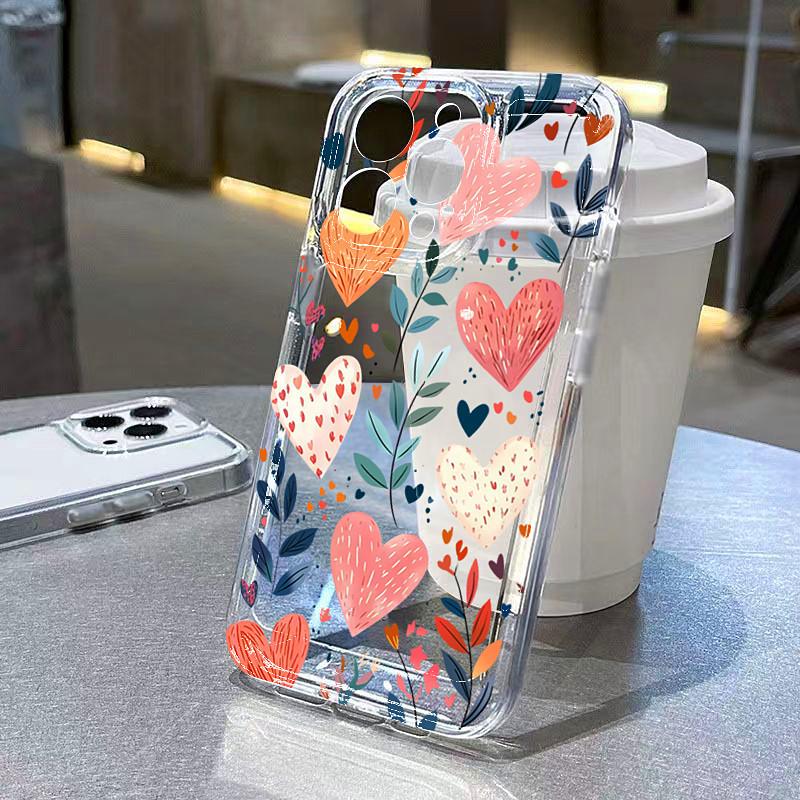 Heart Doodle Floral Art Phone Case for iPhone 17 16 15 14 13 12 11 Series Pro Max Plus Double Layer Protection