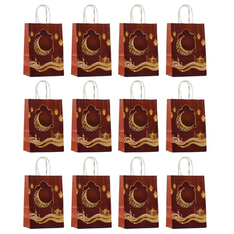 12pcs Paper Gift Pouches Muslims Ramadans Festival Candy Food Packings Handbags