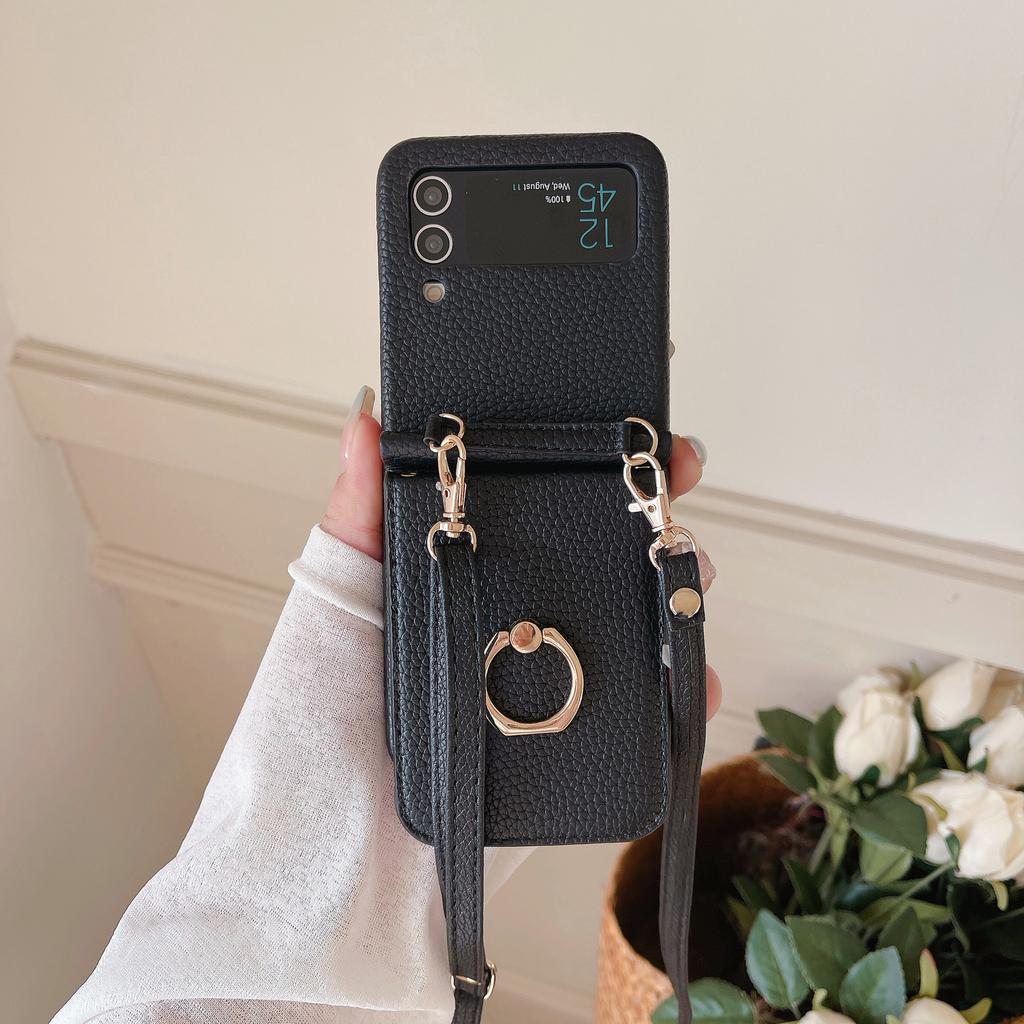 Applicable To Samsung ZFlip4 Folding Messenger Lychee Pattern Zflip3 Ring Mirror Card Bag Long Lanyard Protective Cover