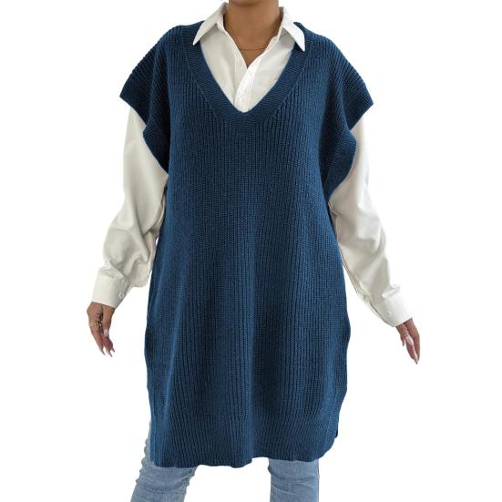 Women Sweater Vest V-Neck Sleeveless Solid Color Knitting Vest Loose Fit Side Split Design Casual Sweater Vest
