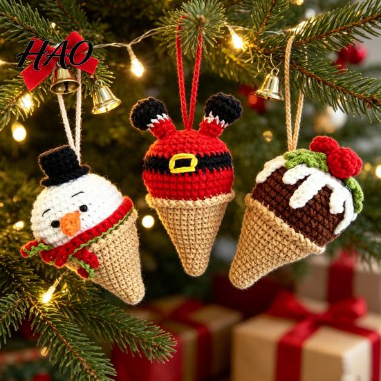 Cute Desktop Decorations for Office Handmade Crochet Christmas Ornament, Ice Cream Theme Decor, Creative Decor Yarn Figurine Holiday Home Decoration