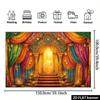 Opulent Indian Palace Tapestry, Regal Stage with Rich, Colorful Drapes and Golden Arch, Festive Bollywood Wall Art