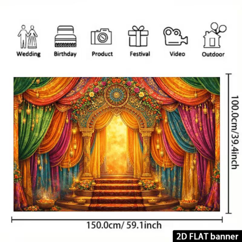 Opulent Indian Palace Tapestry, Regal Stage with Rich, Colorful Drapes and Golden Arch, Festive Bollywood Wall Art