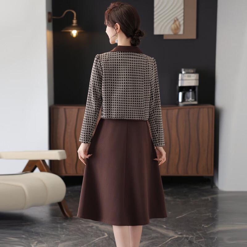 Middle-Aged Women's Plaid Dress & Jacket Set