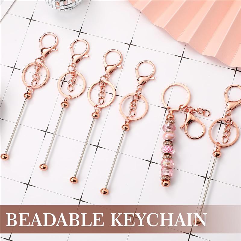 M-Modern-12 Pcs Beadable Keychain Bars For Beads Blank Keychain Beaded Keychain For Keychain DIY Projects Pendant Rose Gold Easy