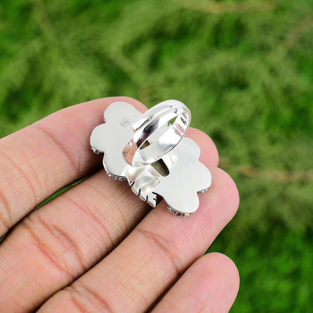 Stackable Flower Adjustable Ring 925 Silver Natural Tibetan Turquoise