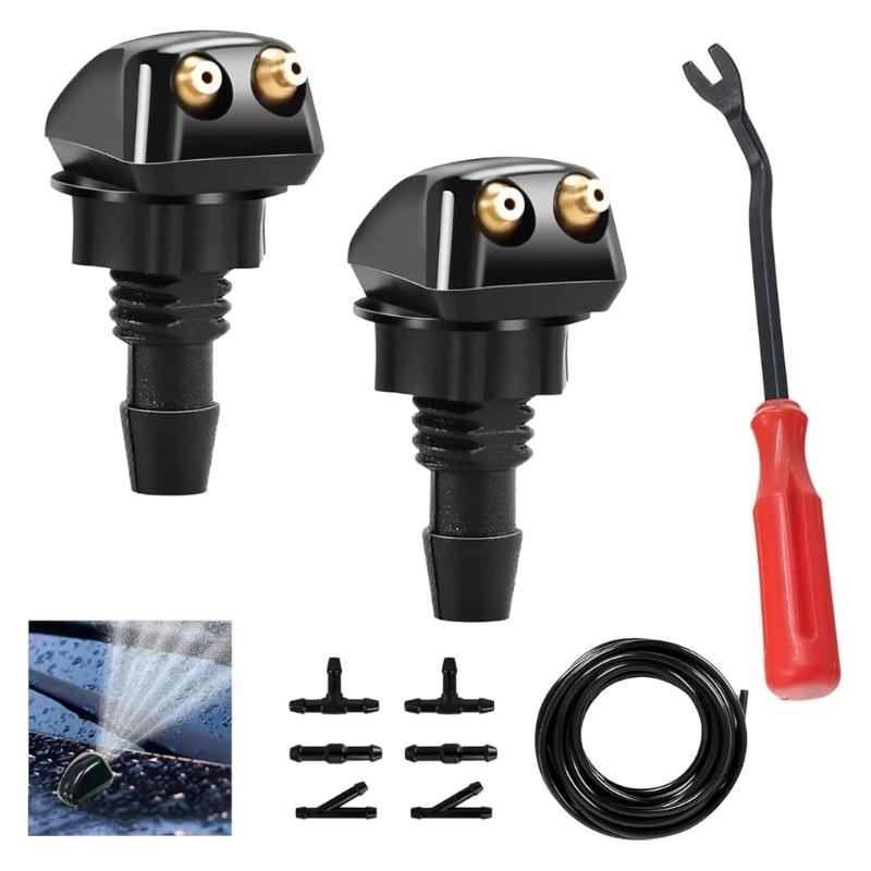 Two-Jet Windshield Washer Nozzle Kit with Adjustable Washer Heads, Hose and Fitting Pieces for Vehicle Washer Replacement Maintenance