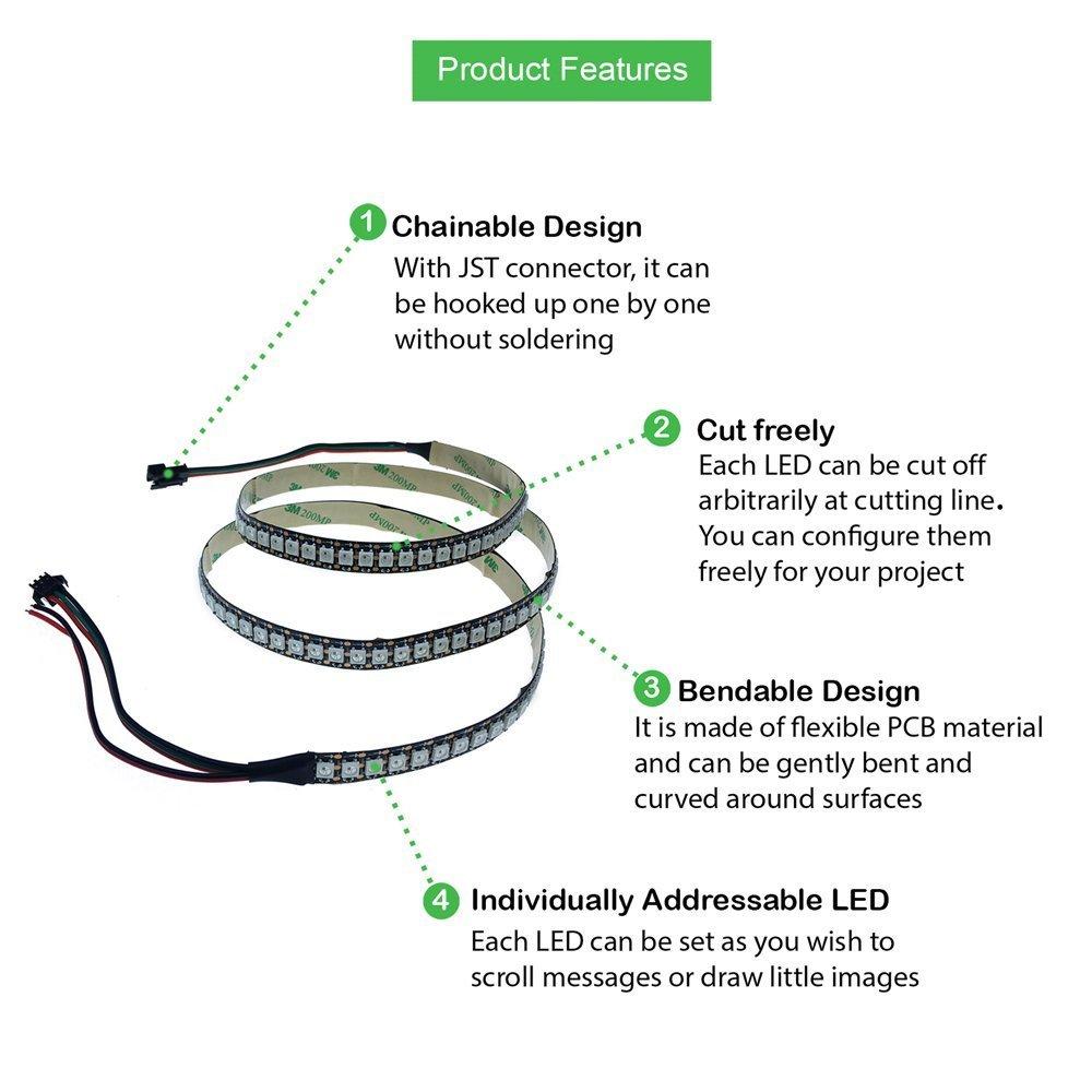 ALITOVE Addressable 5050RGB LED Strip Light, WS2812B, 1m SMD, 144 LEDs, Dream Color Pixels, Non-Waterproof, Black Base, DC 5V