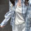 Women's Long Sleeve Plaid Shirt Turn Down Collar Vintage Casual Blouse Light Blue Loose Fit Sun Protection Button Down Shirt