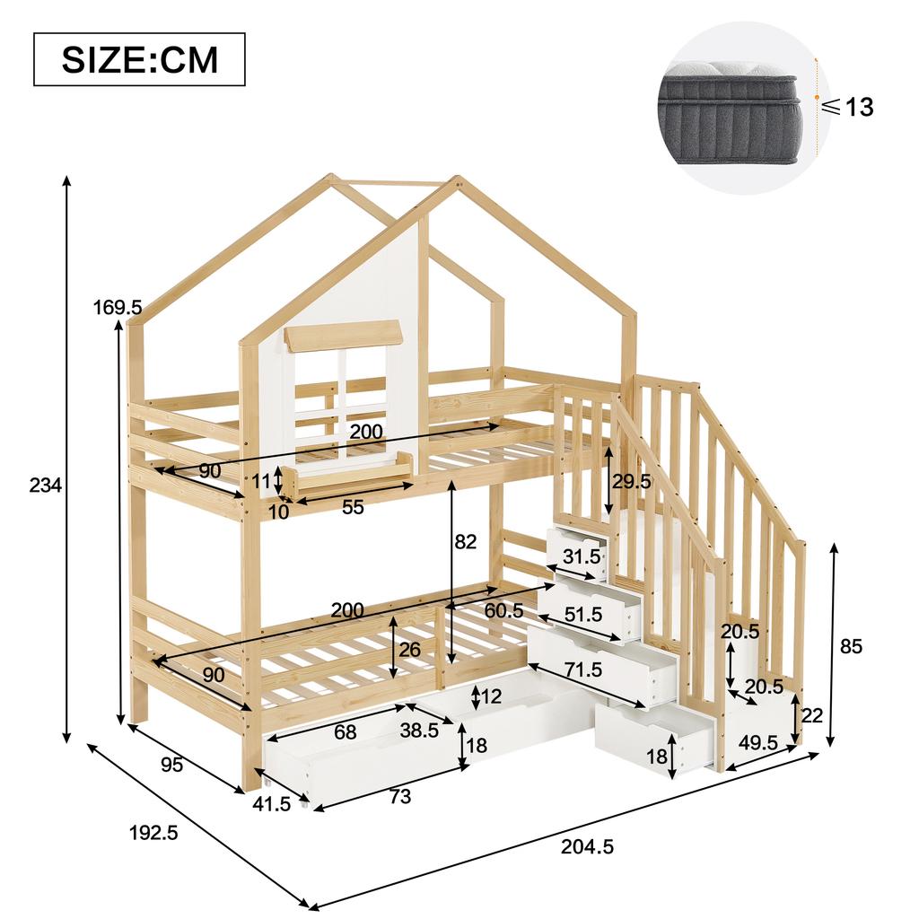 Bunk Bed, Children's Bed, Two Drawers with Rollers, Exquisite Windows, Safety Ladder with Handrails, Pine + MDF, White+Natural, 90x200cm
