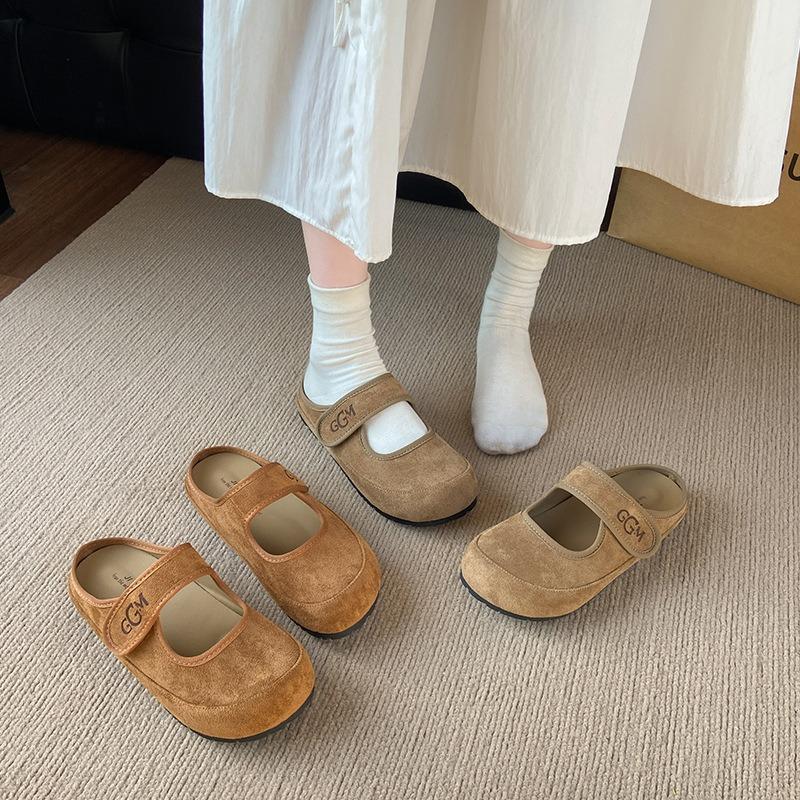 Retro Literary Style Velcro Mary Jane Shoes Bag Head Half Slippers Women Wear a Pedal After Empty