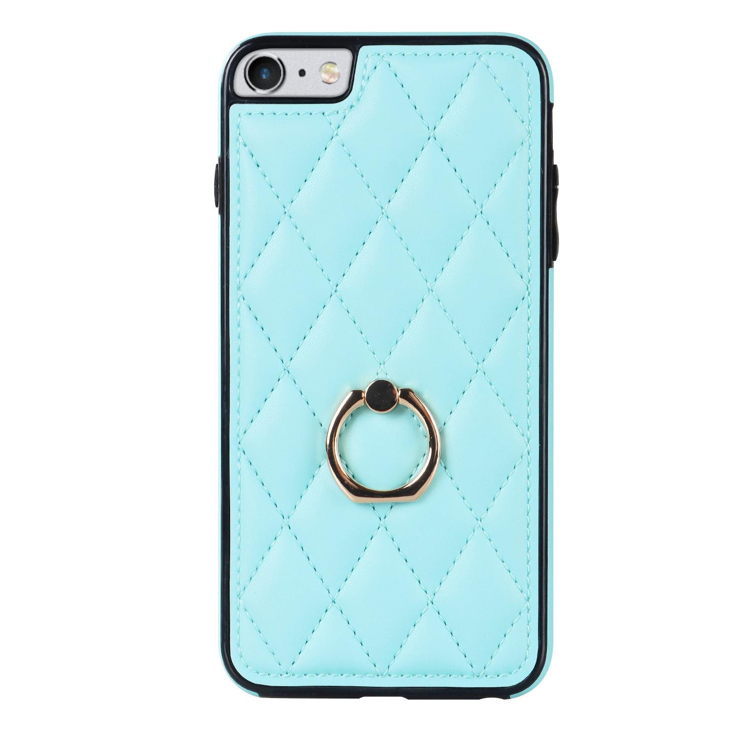 

For iPhone SE (2020)/SE (2022)/7/8 4.7 inch PU Leather+TPU Protective Cover Imprinted Rhombus Grid Pattern Rotation Ring Kickstand Phone Case Sky Blue