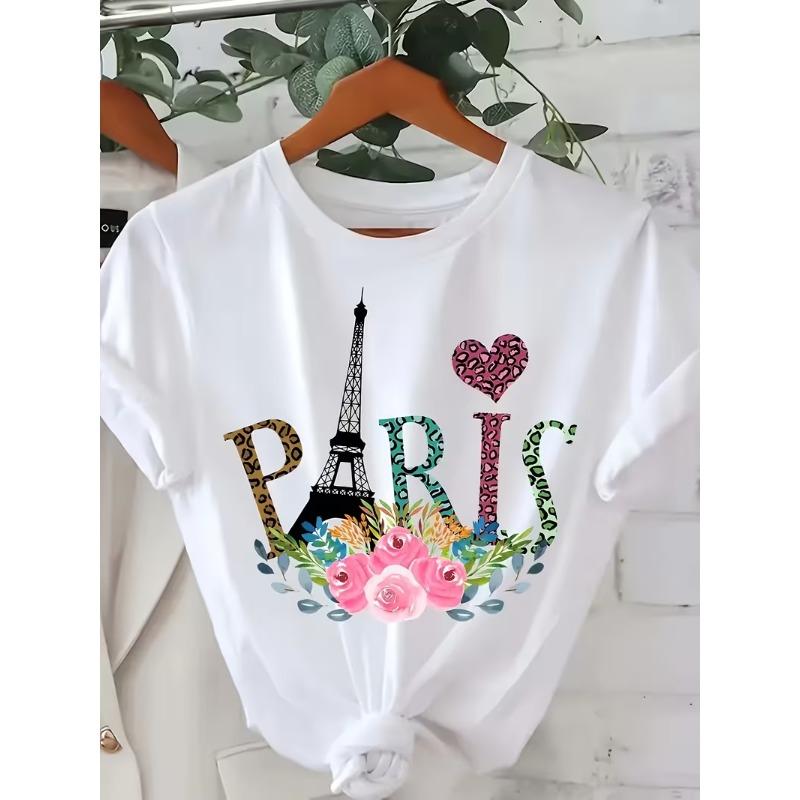 Unisexs Paris Eiffel Tower Graphic Tee Leopard Floral Letter Print Crew Neck Short Sleeve Casual Daily TShirt