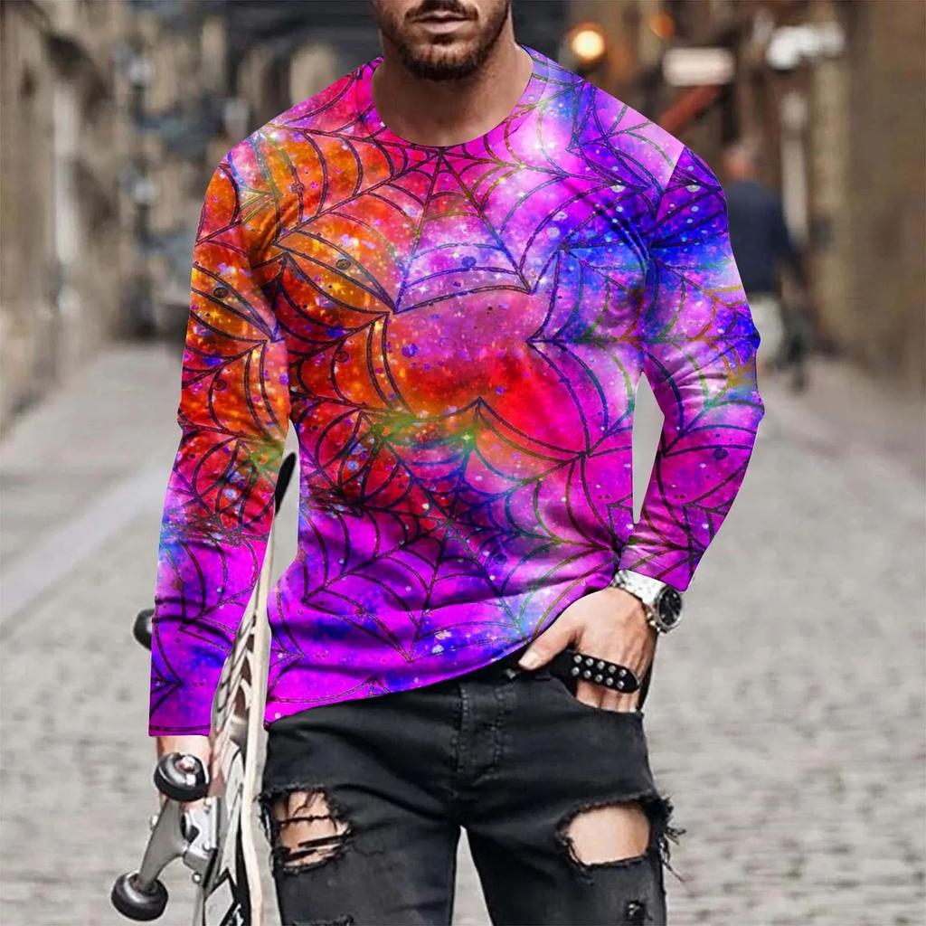 Fashion Street Personality Man Spiderweb Halloween Hd 3d Printed Long Sleeve T-Shirt Plus Size Loose Comfortable Jumper