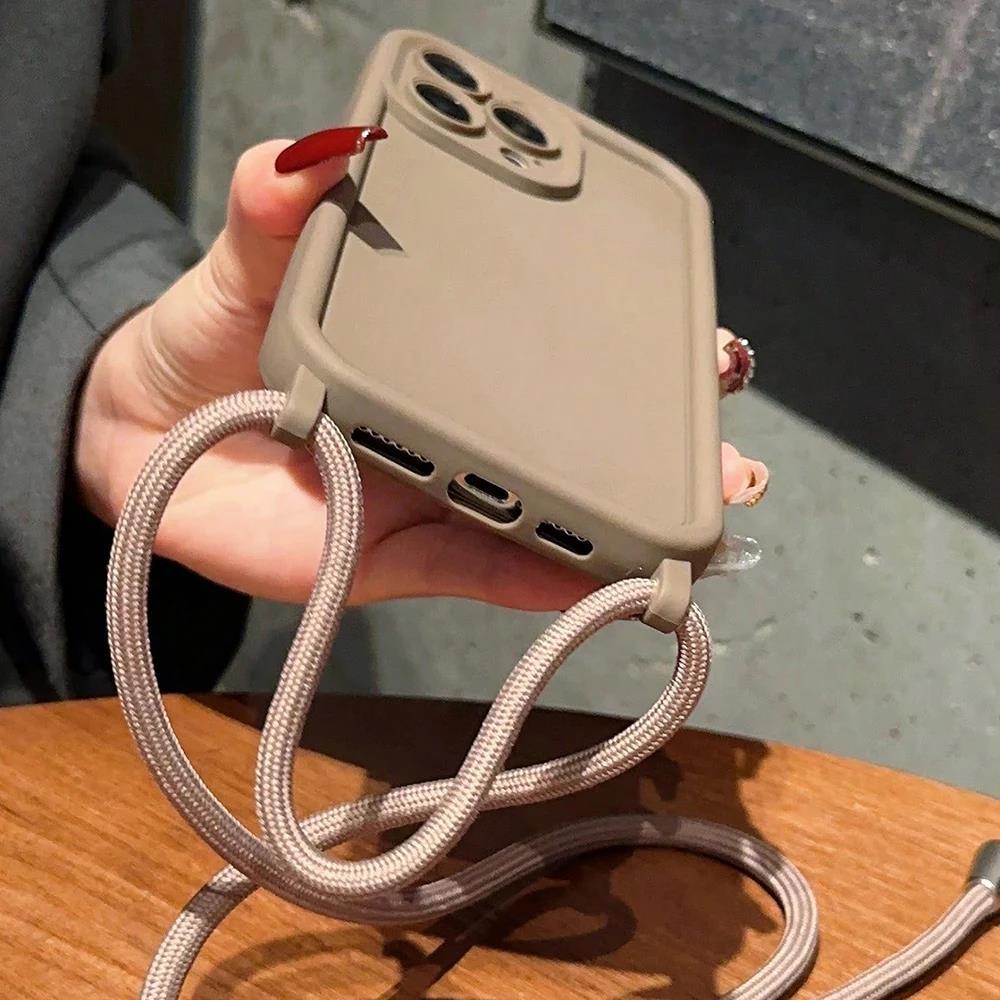 Sznurkowy naszyjnik crossbody etui ze sznurkiem dla iPhone 16 11 12 13 14 15 Pro Max XS X XR 8 7 Plus miękkie silikonowe etui w jednolitym kolorze