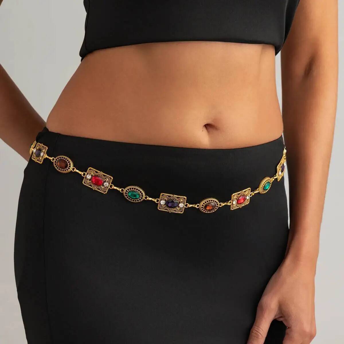 

Ingemark Retro Colorful Acrylic Rhinestone Waist Chain Women Bohemia Exquisite Luxury Adjustable Belly Body Chain Y2K Jewelry