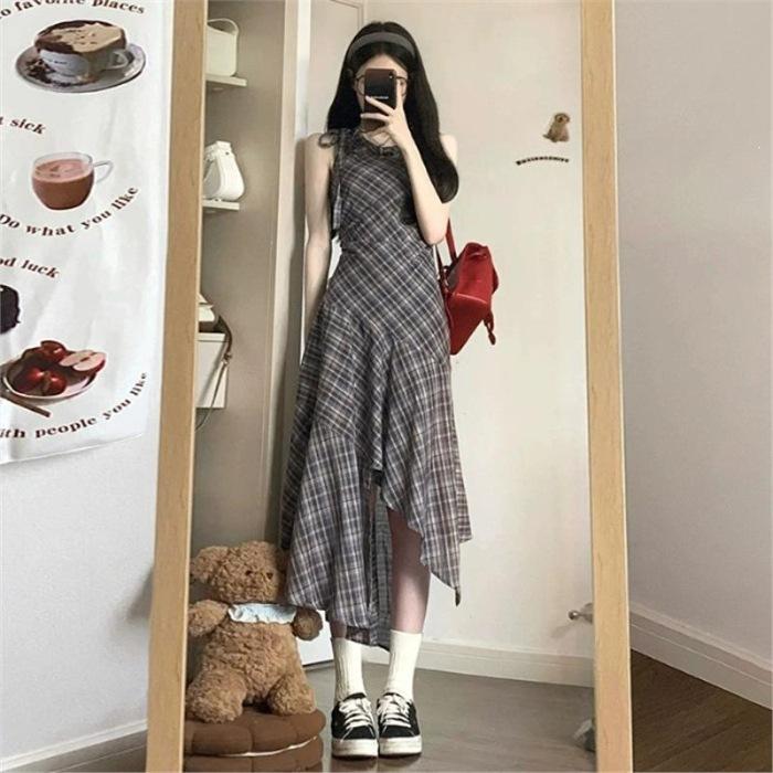 Street style sleeveless plaid vest women's summer dress high-end temperament lace-up small irregular long dress