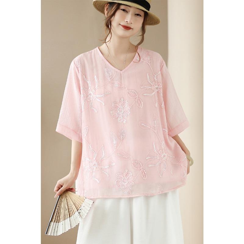 DIMANAF 2026 Große Größen Sommer Damen T-Shirts Lässige Damen Tops Tunikahemd Stickerei Floral Oversize Lockere T-Shirts