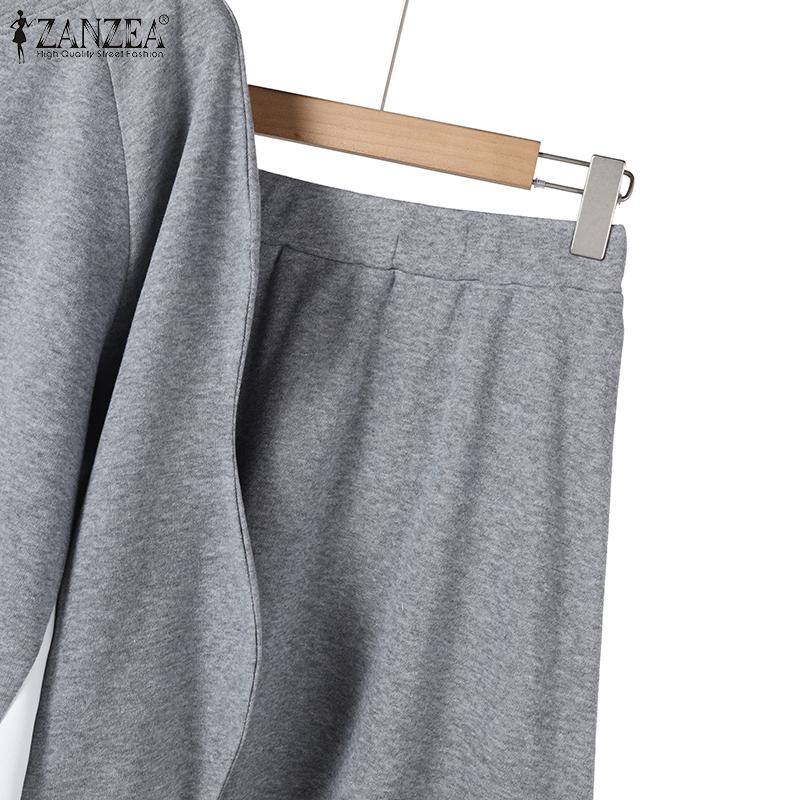 ZANZEA Damen Vintage Rundhalsausschnitt Fake Zweiteilige Langarmbluse Hosen Sets