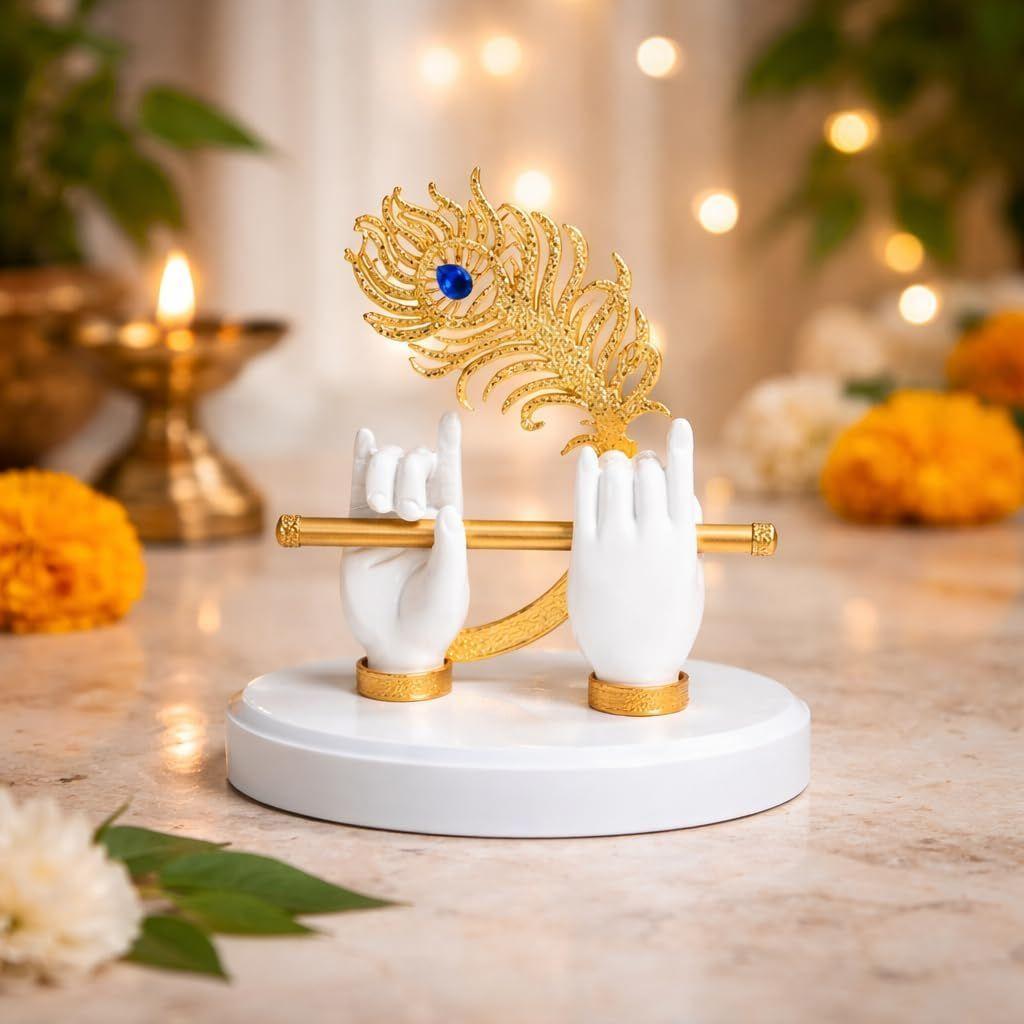 Goldplated Krishna Hand with Flute Idol Peacock Feather Mor Pankh Showpiece,Housewarming Gift, Birthday Wedding Anniversary Janmashtami Gift