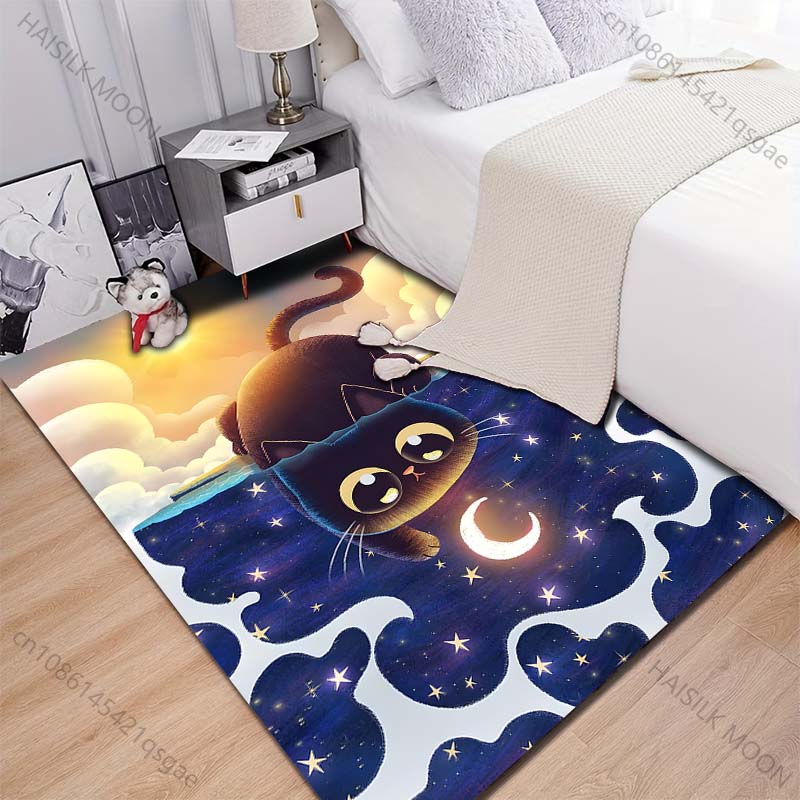 New product Black cat on starry water  Carpet for Living Room Bedroom Bedside Floor Mat Cloakroom Children Play Mat Area Rug