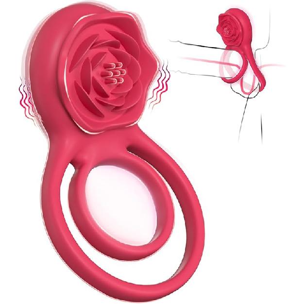 Vibrating Cock Ring with Rose Clitoral Stimulator, Pleasure Penis Ring Vibrator Couples Adult Sex Toys for Men Women, 7 Vibrations Male Couple Sex
