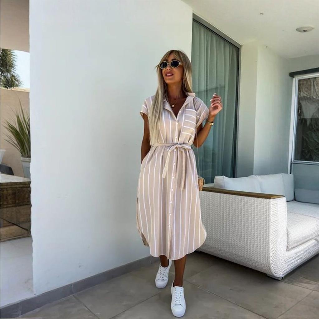 Dam Lös Bekväm Casual Trendig Kortärmad Randig Tryckt Midjeband Klänning