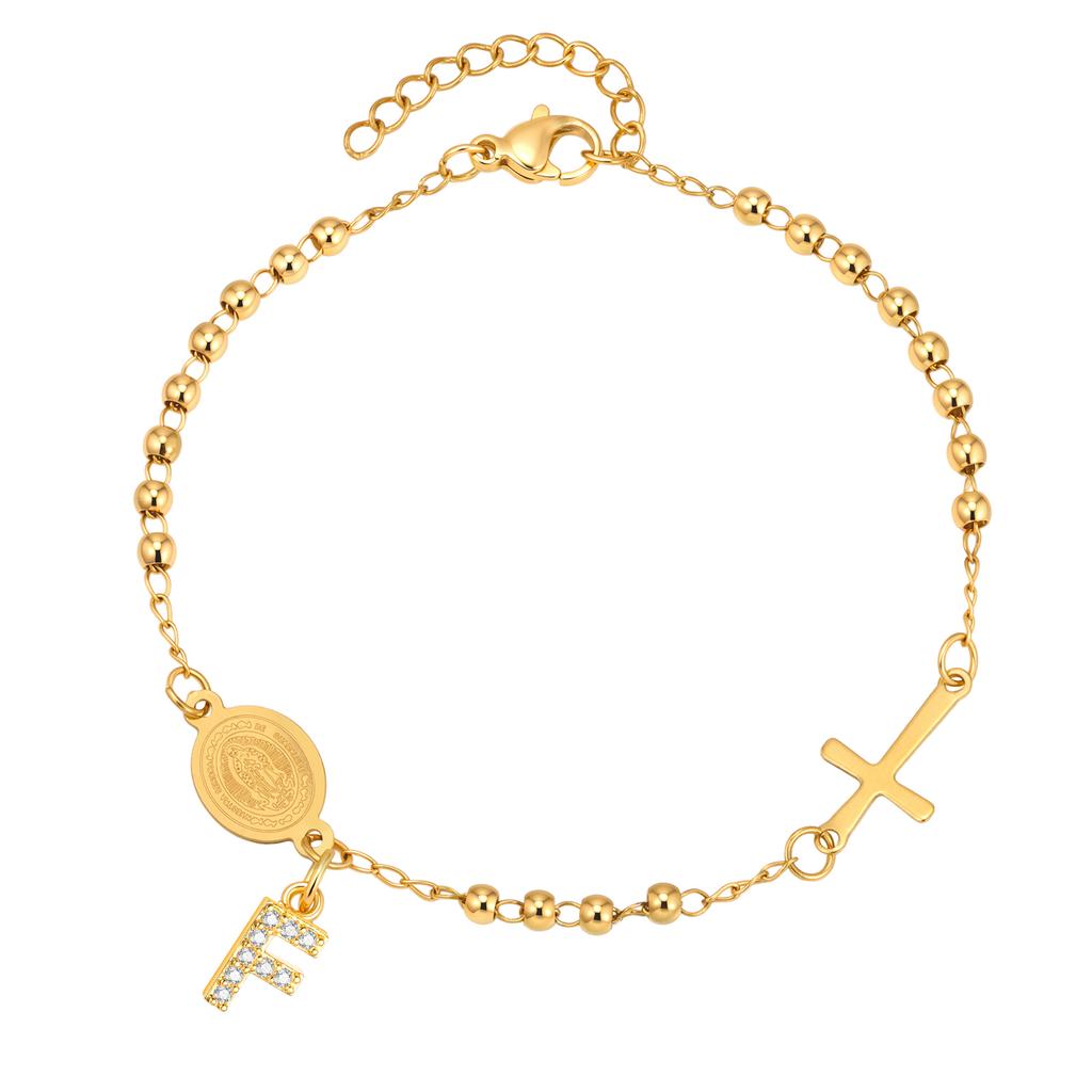 Stainless Steel Rosary Virgin Mary Beaded Bracelets with A-Z Initial Letter Pendant, Gold Plated Religion Jewelry for Women